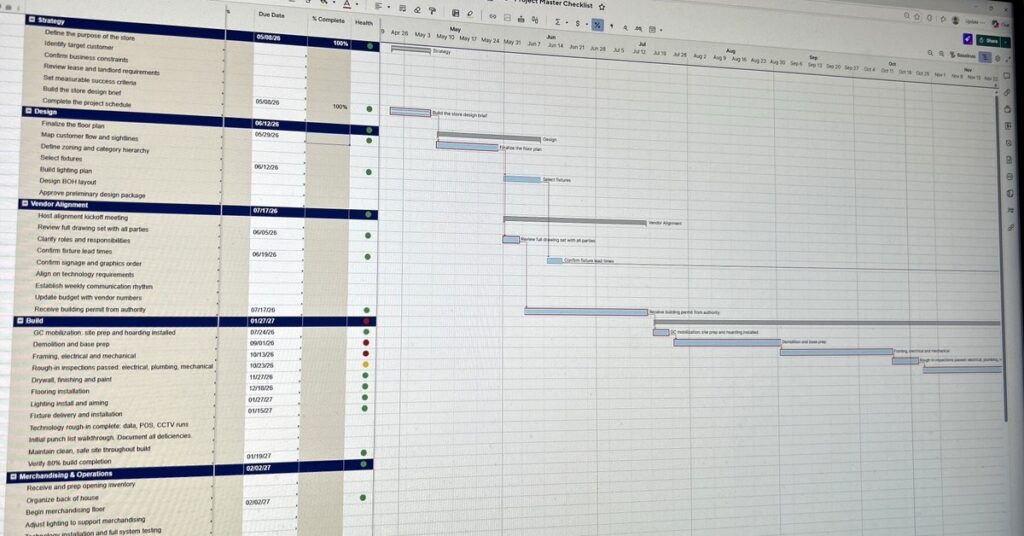 Store construction schedule showing task dependencies from permit to opening
